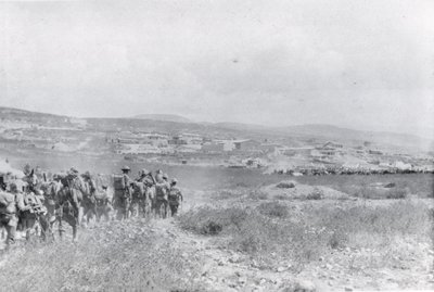 Troops marching across a plain in Mesopotamia during World War One, from an album compiled by Lt. Kindom by English Photographer